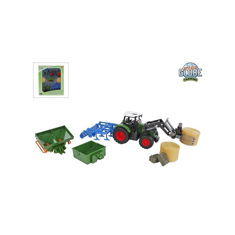 Kids Globe tractor met 8 accessoires freewheel 30cm groen