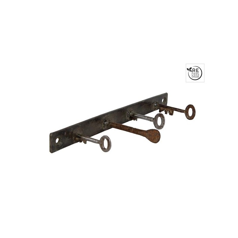 Kapstokje "Keys" roest gerecycled metaal met verschillende soorten sleutels 22x5x3cm