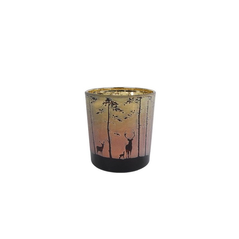 Theelichthouder "Forest" met afbeelding hert in bos groen/rood glas 7,5x7,5x8cm