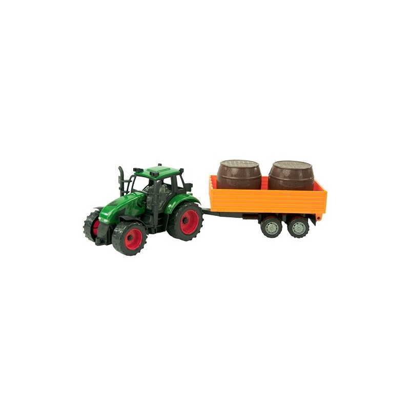 Tracteur à friction avec remorque avec balles 37cm. Rouge ou vert. En boîte à fenêtre.
