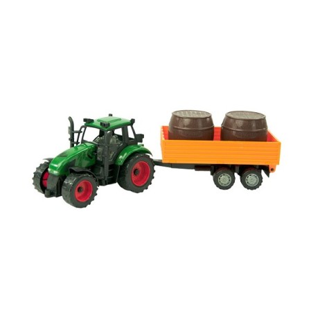 Tractor frictie met aanhanger met balen 37cm. Rood of groen. In vensterdoos.