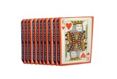 Speelkaarten plastic coated rood of  blauw. Pak a 10 pakjes met 52 kaarten en twee jokers.