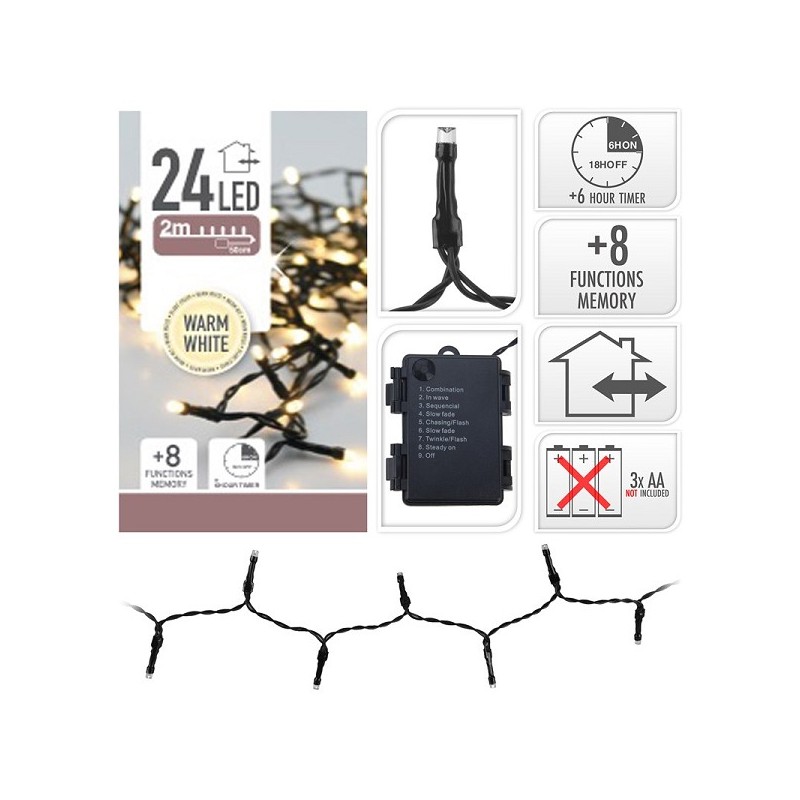 kerstverlichting LED met timer 24Lamps 2mtr Warm Wit 3xAA (excl batterijen)