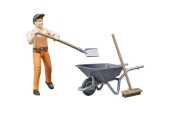 Bruder Figurine d'ouvrier municipal avec brouette, pelle et balai