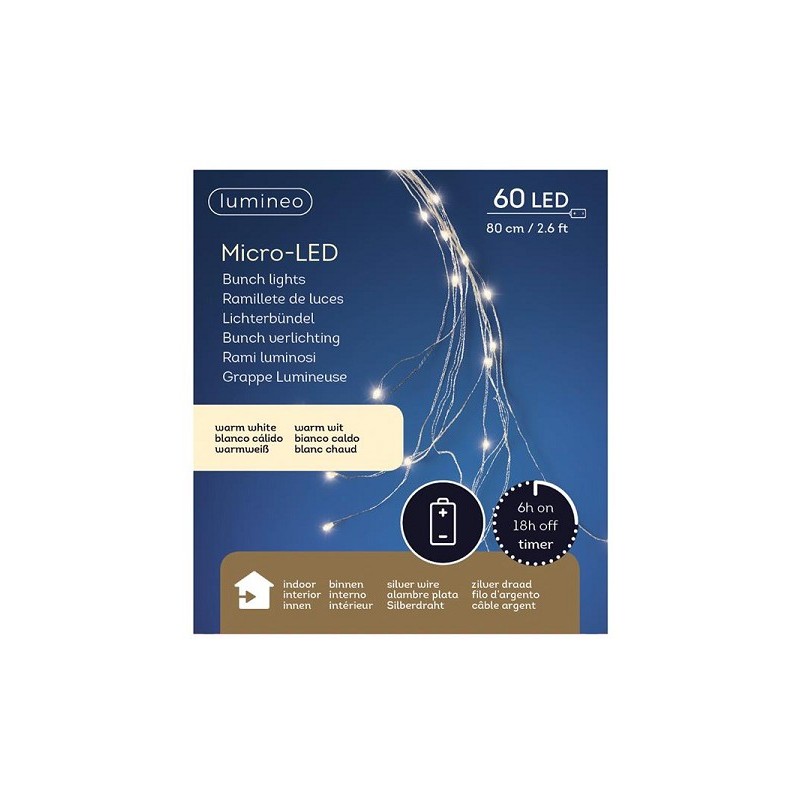 Lumineo Micro LED draadverlichting cascade 80cm-60L 10snoeren met 6 lamps zilver/warm wit