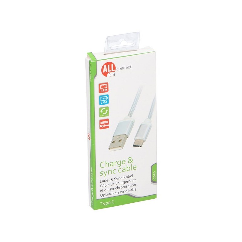 USB kabel met USB type C kabel lengte 120cm 2A wit nylon Charge en Sync