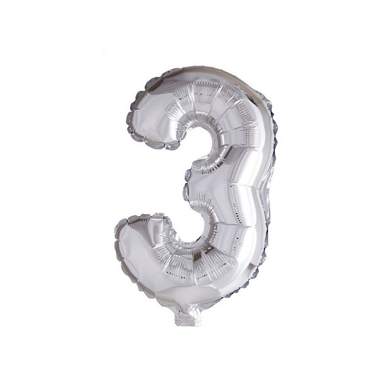 Ballon chiffre chiffre '3' feuille d'argent 40cm adapté à l'hélium