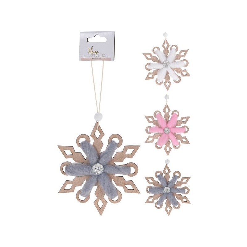 Déco suspendue Flocon de neige dia13cm de bois et laine