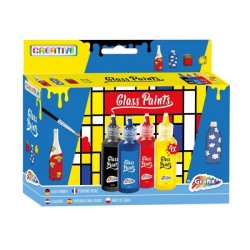 Peinture pour verre Grafix, 4 couleurs : noir, bleu, rouge et jaune.