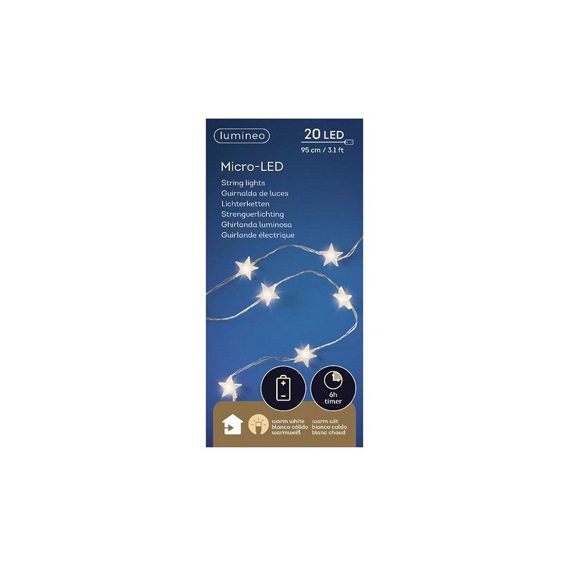 Lumineo micro LED verlichting ster zilver/warm wit 95cm-20L op batterij