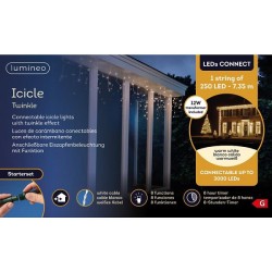 Icicle lumineux connectable à LEDs Lumineo blanc chaud 735cm - 250L (Cordon blanc). Y compris le cordon de démarrage (câble vert