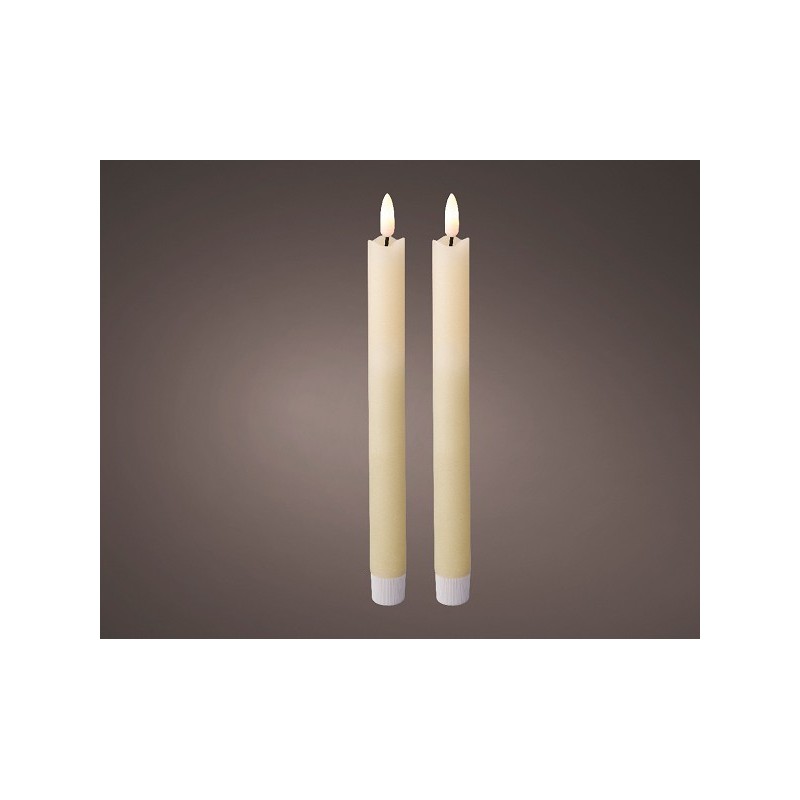 Lumineo LED dinerkaarsset met vlameffect wax met een flikkerende 3D vlam set van 2 creme dia2x24cm op batterij met 6 uur timer