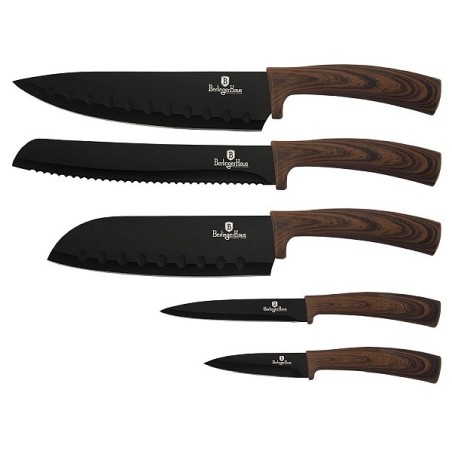 Ensemble de couteaux 5 pièces en acier inoxydable aspect bois avec revêtement en marbre.