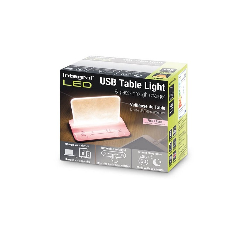 Integral LED USB tafellamp roze dimbaar + oplaadfunctie voor telefoon
