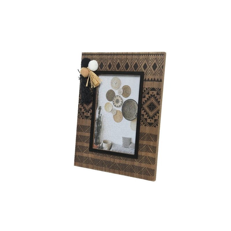 Fotolijst mdf aztec met wollen kwastjes 17x22x2cm