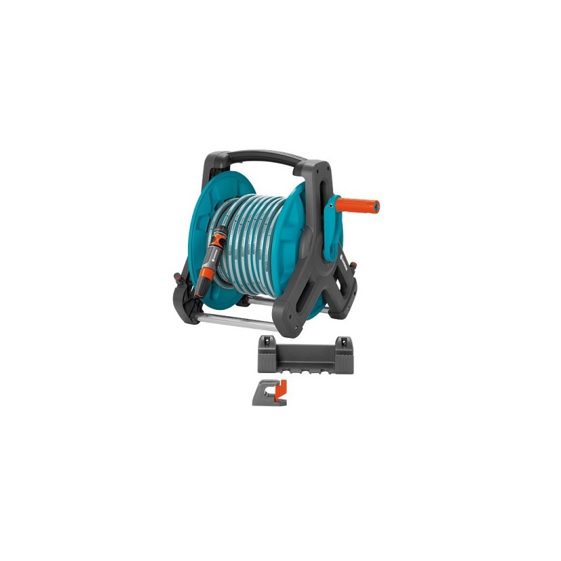 Support de tuyau Gardena Universel pour utilisation mobile ou pour montage mural, complet avec tuyau de 20 m, raccords et sering