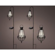 Set de lanternes solaires LED L11,5-L14,5-H84cm 2 lanternes à prise et 2 lanternes suspendues métal noir H19,5 cm