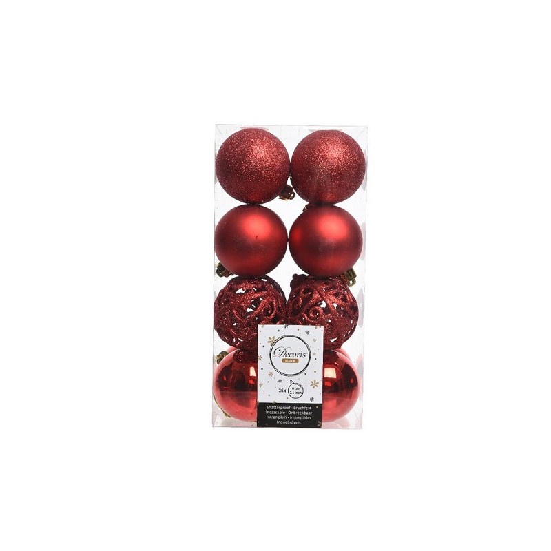 Decoris ensemble de boules de Noël mélange plastique 16 pièces dia6cm Noël rouge