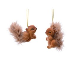Eekhoorn hangornament van kunststof flock bruin, set a 2 stuks