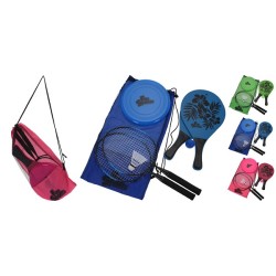 Buitenspeelset in tas met beachballset, badmintonset en frisbee