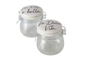 Boltze Home Storage jar Dolce Vita, 2 ass., 450 ml, H 12,00 cm, Clear glass, Porcelain, Multi-coloured, Saying/Text mixed materi