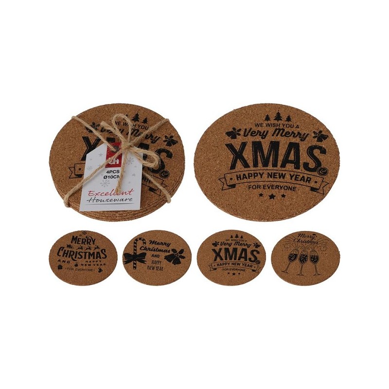 Onderzetterset kerst 4-delig kurk Ø10cm