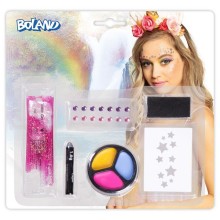 Kit de maquillage Licorne (modèle, planche d'autocollants avec 14 pierres précieuses, peinture grasse, gel pailleté et éponge)