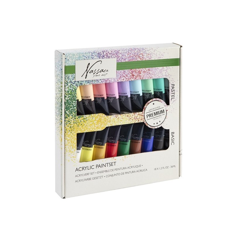 Grafix Nassau Fine Art Acrylverf set 18 x 36 ml
· Bevat 18 levendige kleuren in handige tubes van 36 ml

· Set acrylverf voor ku