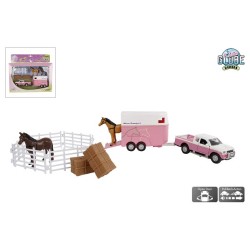 Kids Globe Mitsubishi Met Paardentrailer Die Cast Pull Back Roze 27cm