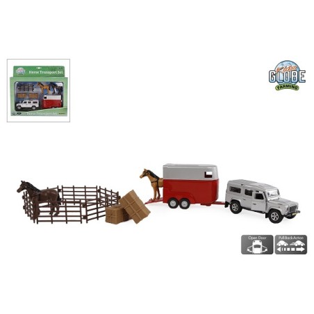 Kids Globe Land Rover met paardentrailer en accessoires die cast pull back 26cm