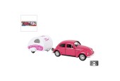 Welly VW coccinelle avec roue libre caravane 21cm rose