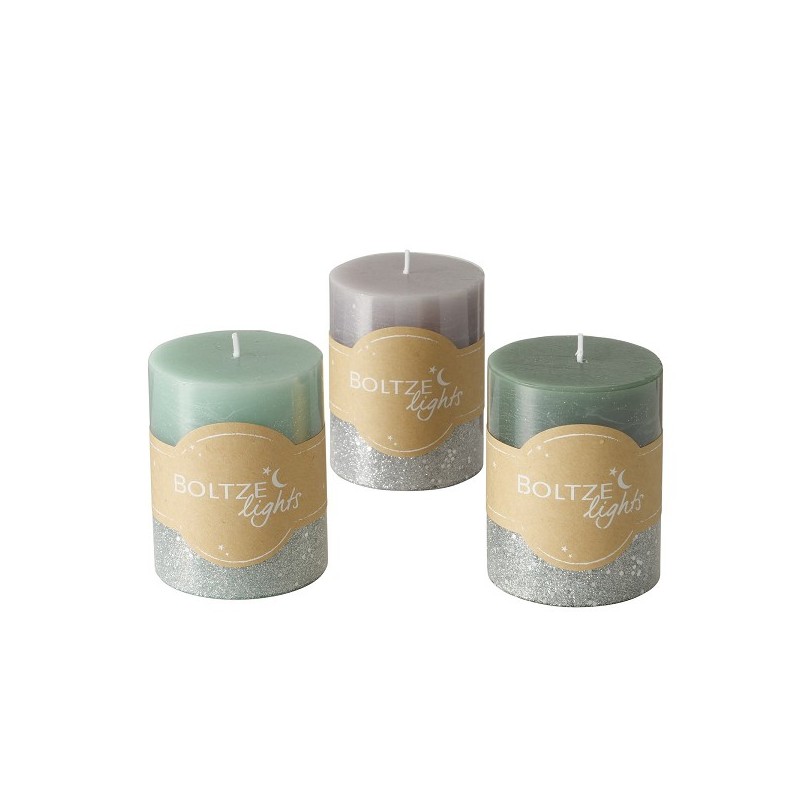 Boltze Home Bougie pilier Mariza Ø7xH9cm , Gris, Vert sauge, Mélange de couleurs argent