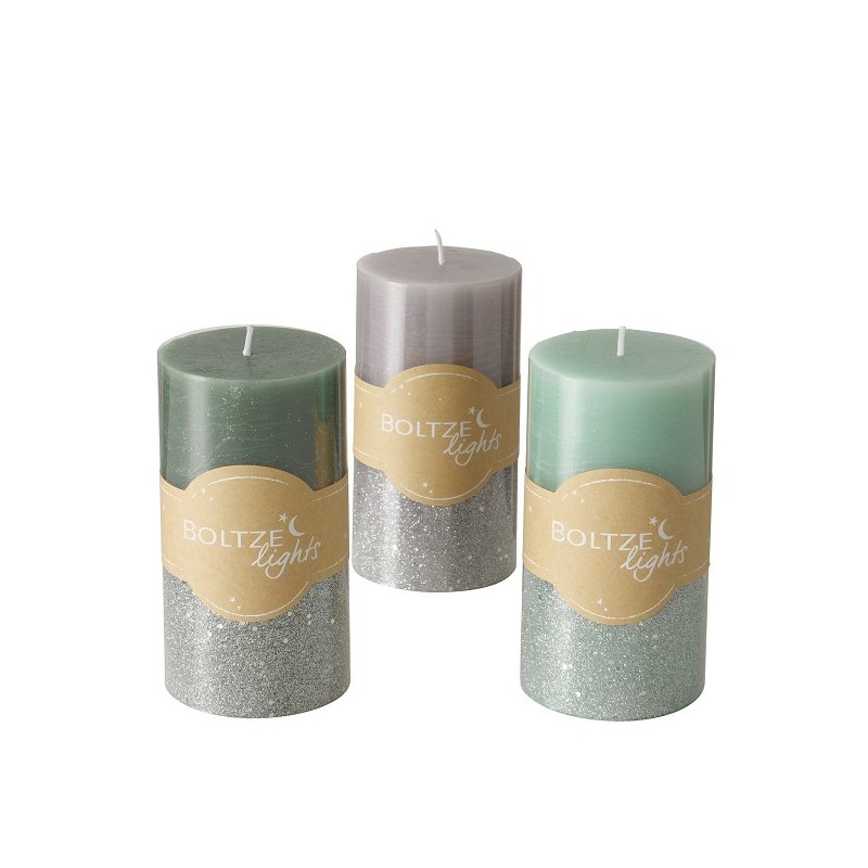 Boltze Home Bougie pilier Mariza Ø7xH13cm , Gris, Vert sauge, Mélange de couleurs argent