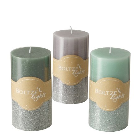 Boltze Home Bougie pilier Mariza Ø7xH13cm , Gris, Vert sauge, Mélange de couleurs argent