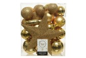 Jeu de boules de Noël en plastique doré clair, boîte de 33 pièces