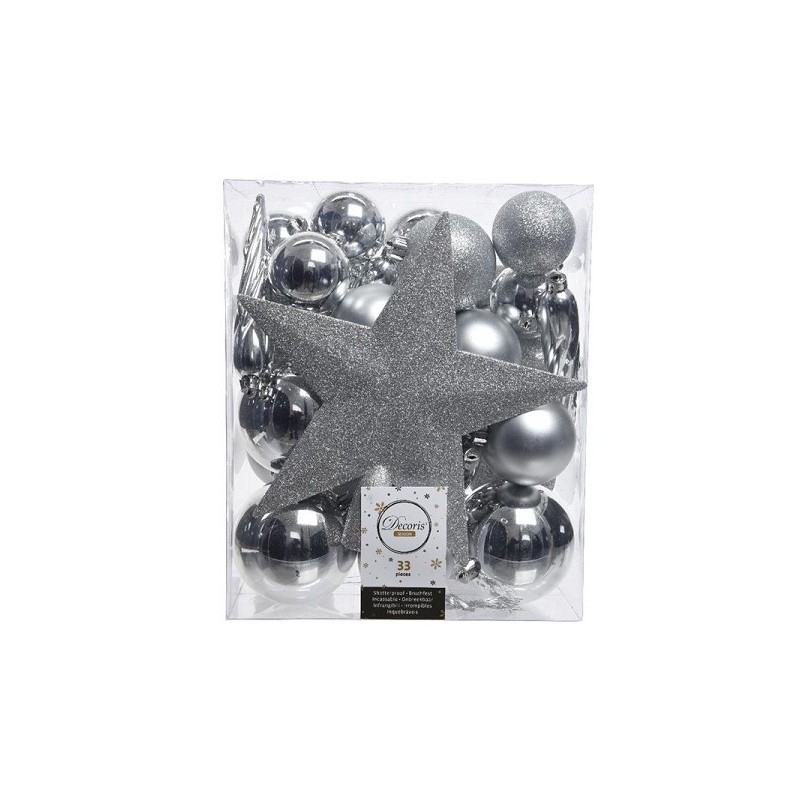Set de boules de Noël en plastique argenté boîte de 33 pièces