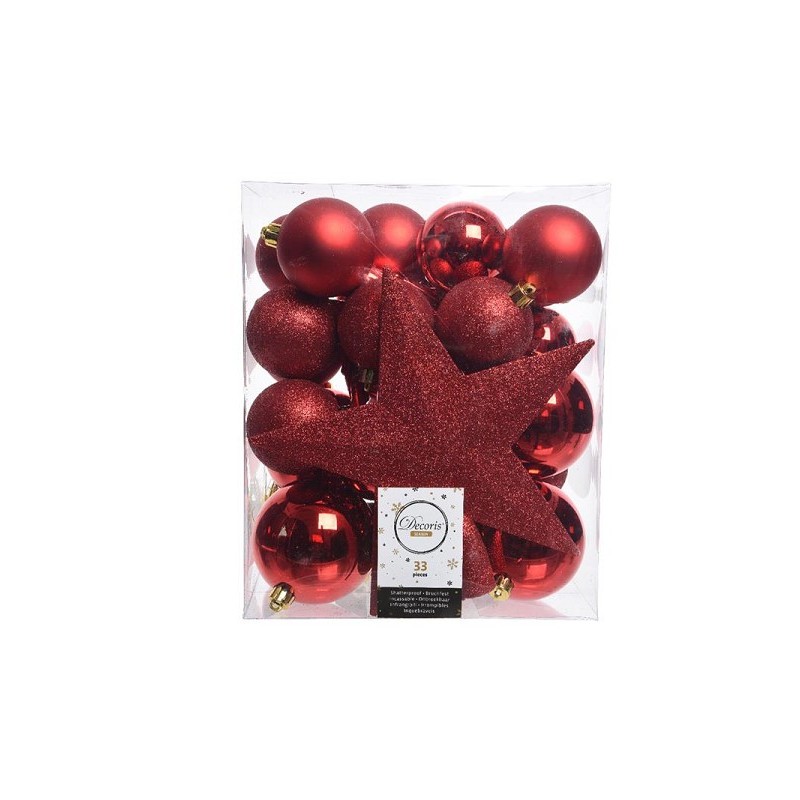 Jeu de boules de Noël en plastique avec pic étoile Noël rouge boîte de 33 pièces