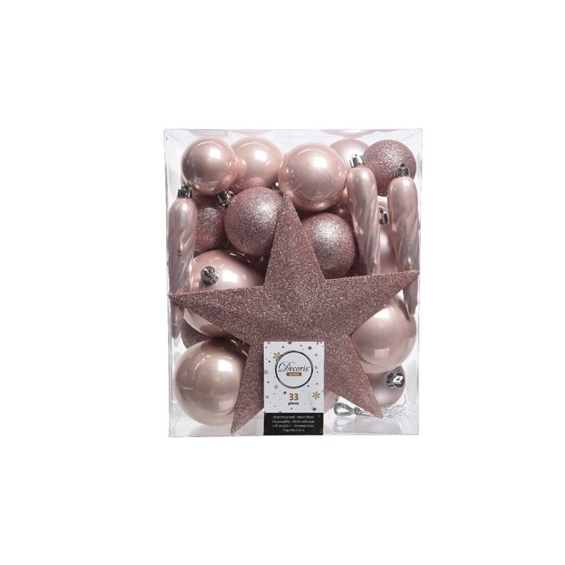 Jeu de boules de Noël en plastique rose boîte de 33 pièces