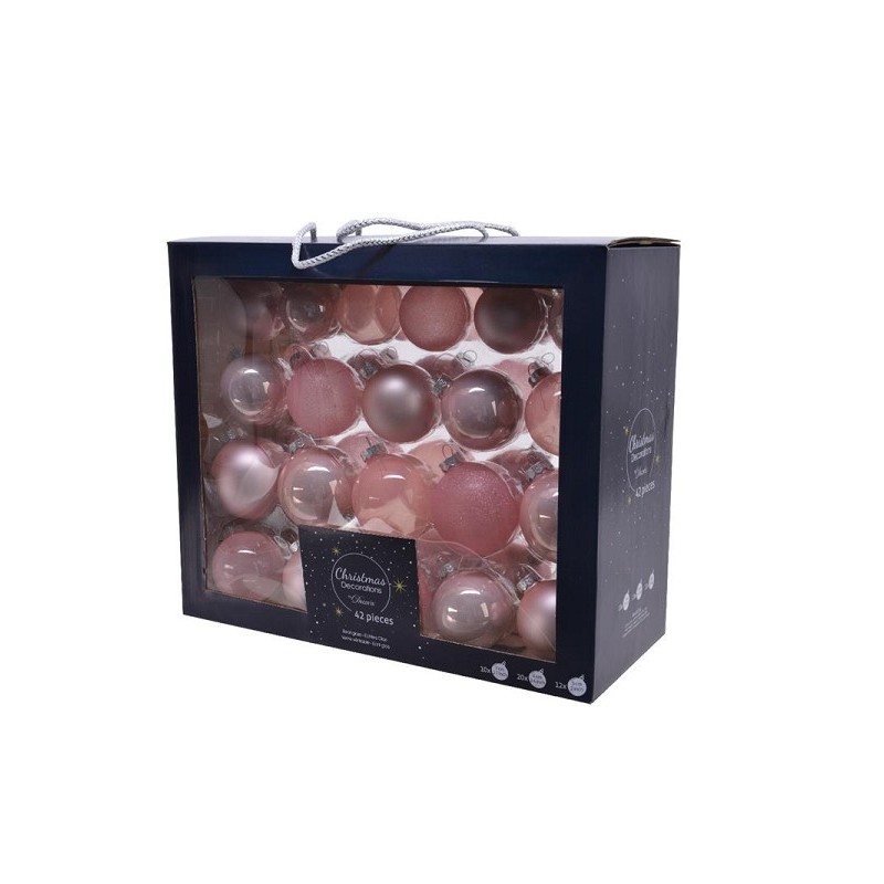 Kerstballenset van glas poederroze box a 42 stuks