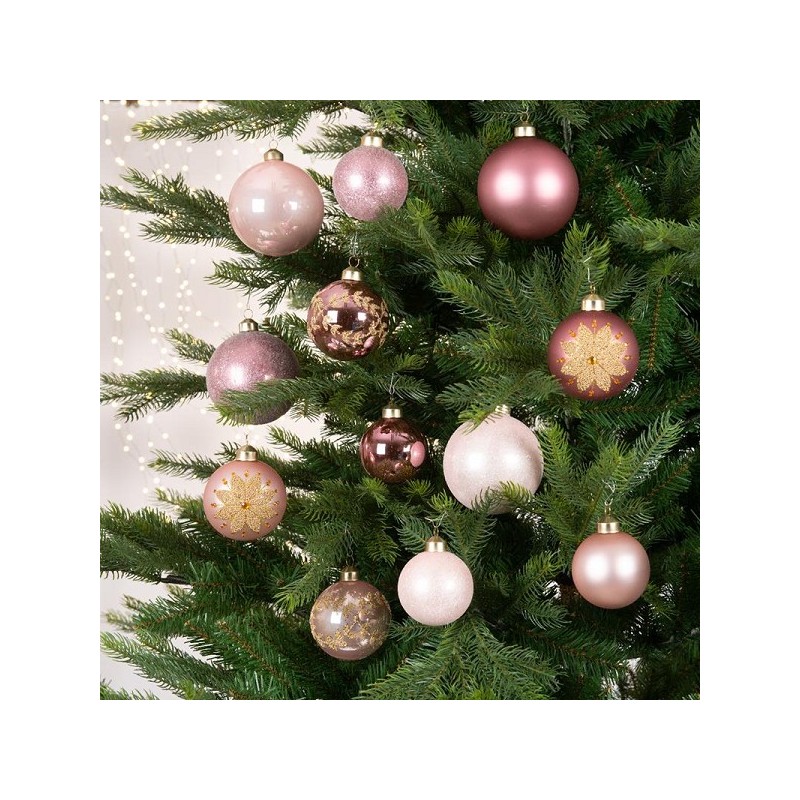 Kerstballenset glas assorti maten en decoratie  box a 12stuks roze