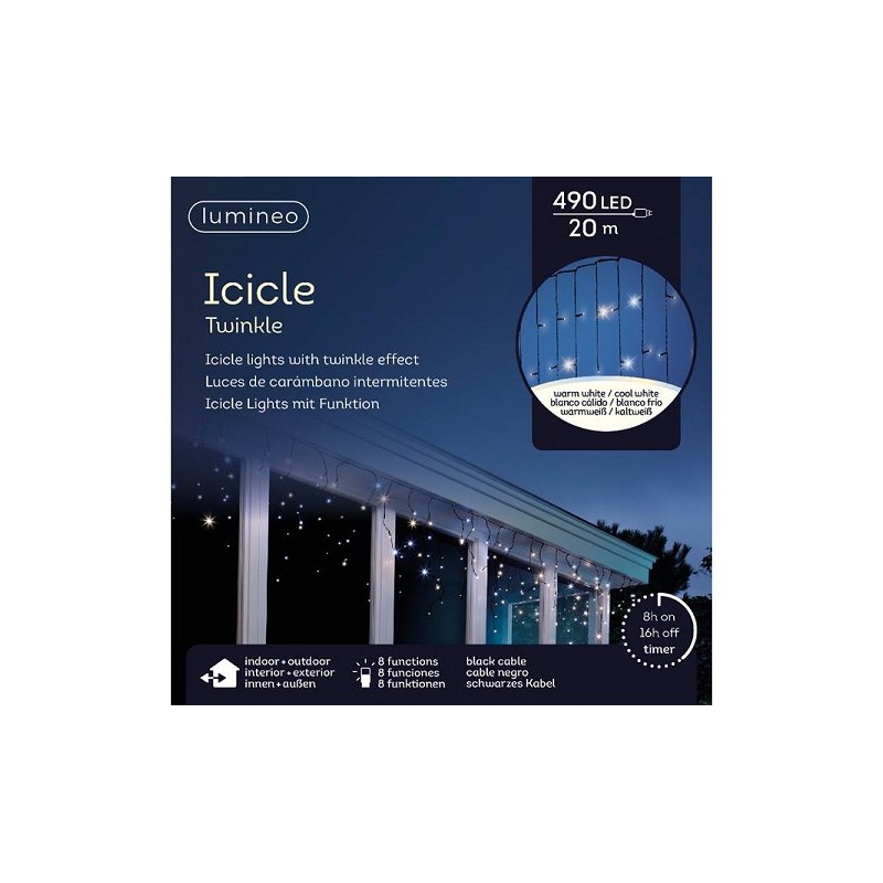 Guirlande lumineuse LED Lumineo 490L 20m. Minuterie de 8 heures et lampe à effet scintillant à 8 fonctions, couleur blanc chaud 