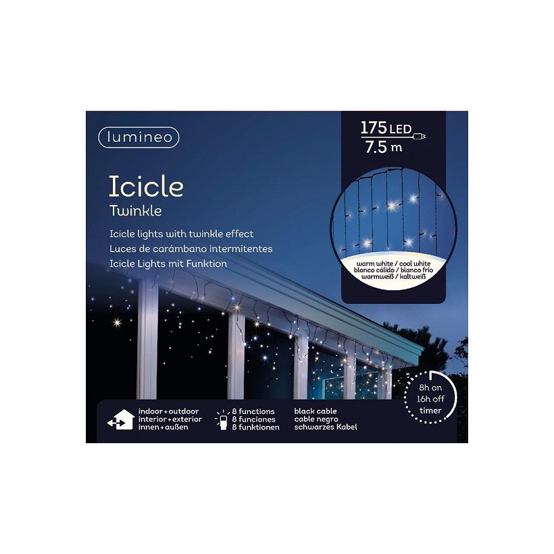 Guirlande lumineuse LED Lumineo 175L 7,5m. Minuterie de 8 heures et lampe à effet scintillant à 8 fonctions, couleur blanc chaud