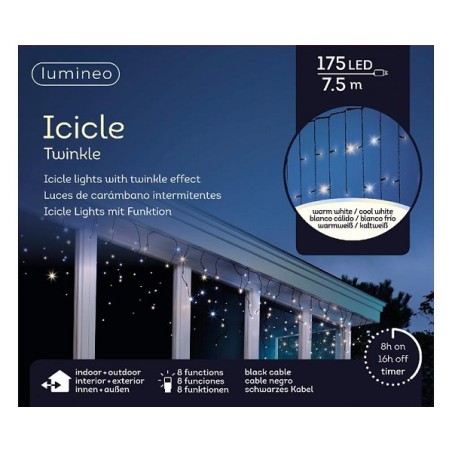 Guirlande lumineuse LED Lumineo 175L 7,5m. Minuterie de 8 heures et lampe à effet scintillant à 8 fonctions, couleur blanc chaud