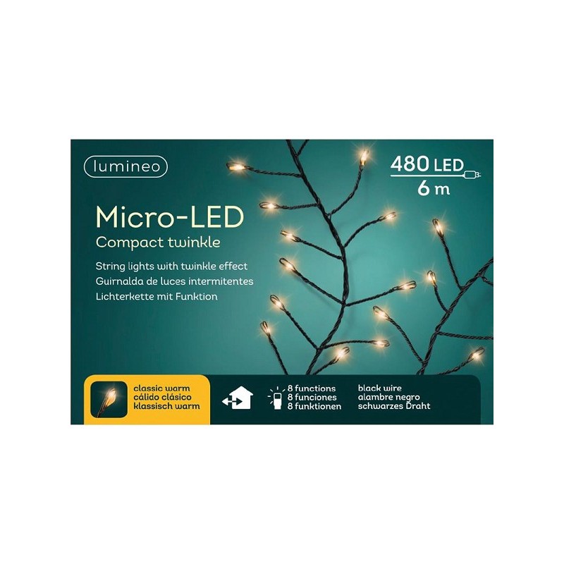 Lumineo Micro LED compact avec lumières 480l-6m, 8 fonctions effet scintillant Classique chaud
