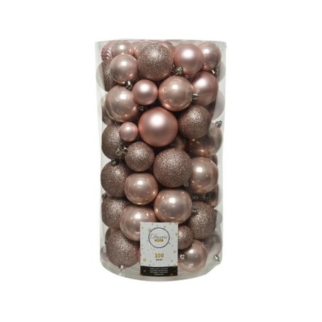 Decoris Onbreekbare Kerstballenmix van kunststof,  koker van 100 stuks, Poederroze