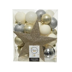 Ensemble de boules de Noël incassables Decoris de 33 pièces avec visière de couleurs assorties perle, argent, blanc laine.