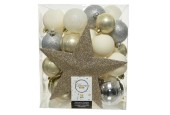 Decoris Onbreekbare kerstballenset a 33 stuks met piek in assorti kleuren pearl, zilver, wol wit.
