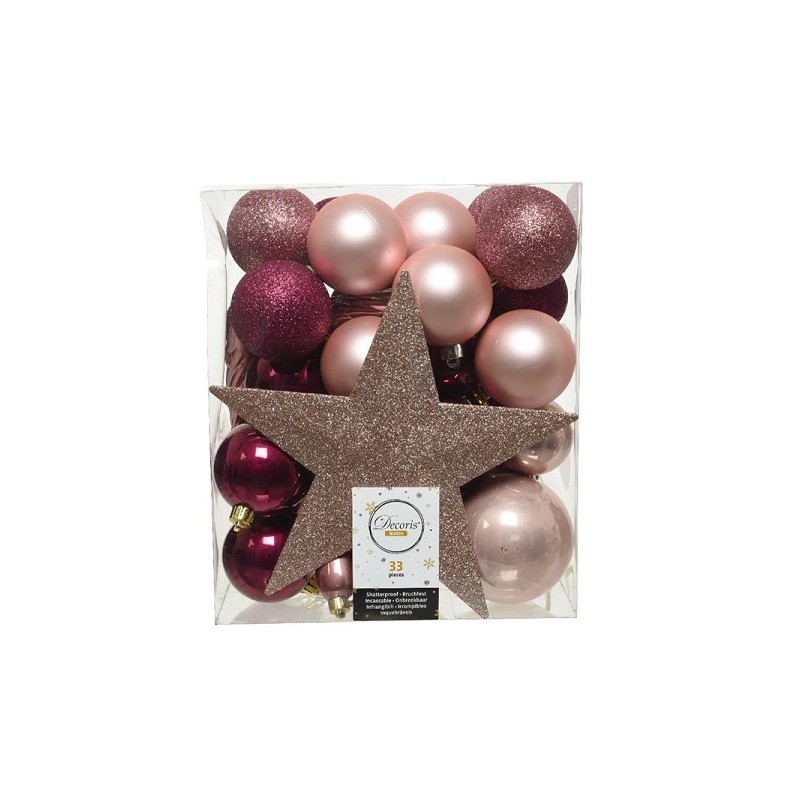 Decoris Onbreekbare kerstballenset a 33 stuks met piek in assorti kleuren blush pink, magnolia en velvet pink
