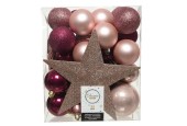 Decoris Lot de 33 boules de Noël incassables avec visière de couleurs assorties rose poudré, magnolia et rose velours