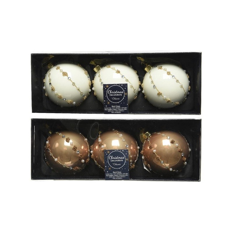 Decoris Boule de Noël décorée lot de 3 boules en verre dia 8 cm en couleurs blanc laine OU marron camel